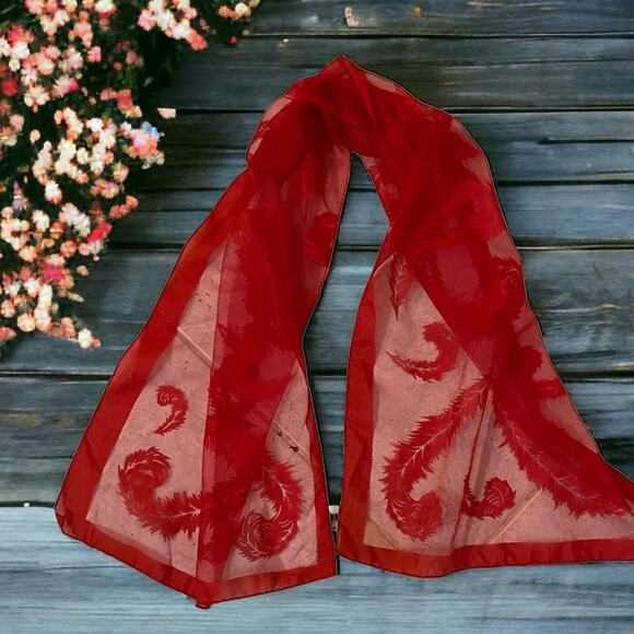 Vintage Accessories - Vintage Chiffon Red Sheer Scarf Paisley Feathered Scroll Wrap Gothic Vampire